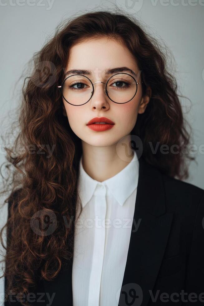 Young woman with curly hair in formal attire poses confidently against a neutral background photo