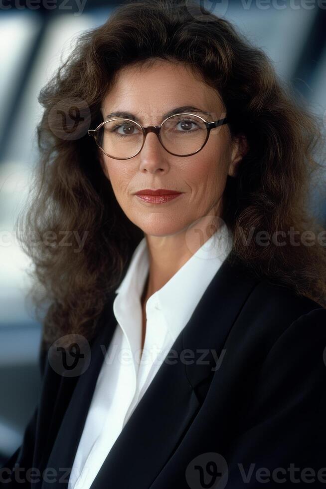 Professional portrait of a woman with glasses in a modern office setting during daytime photo