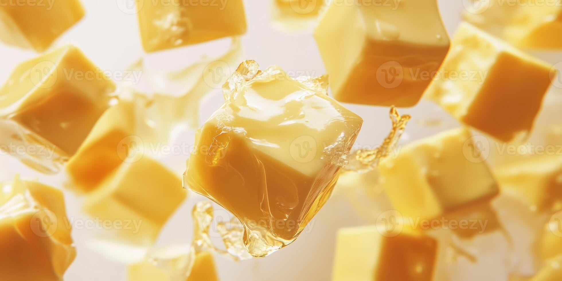 Floating yellow butter cubes splash in a light background creating a vibrant culinary scene photo