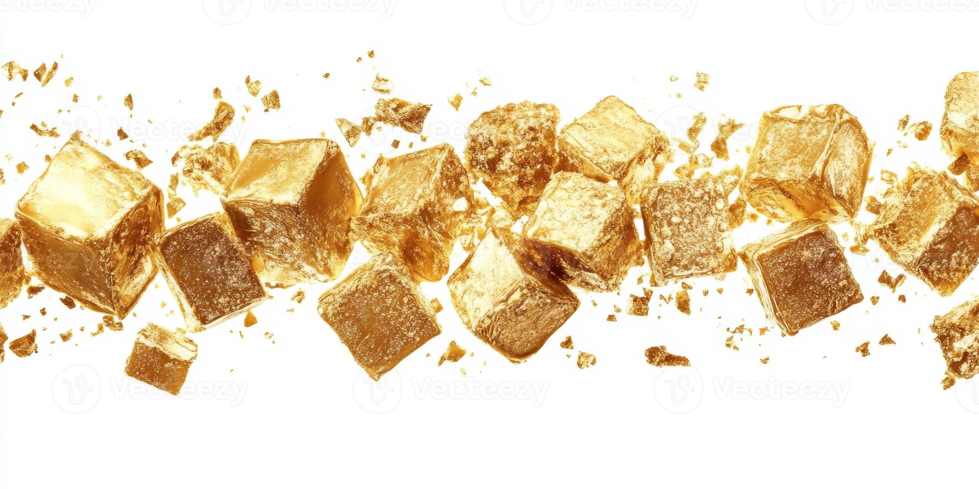 Golden chunks scattered across a bright background showcasing the beauty of precious metal photo