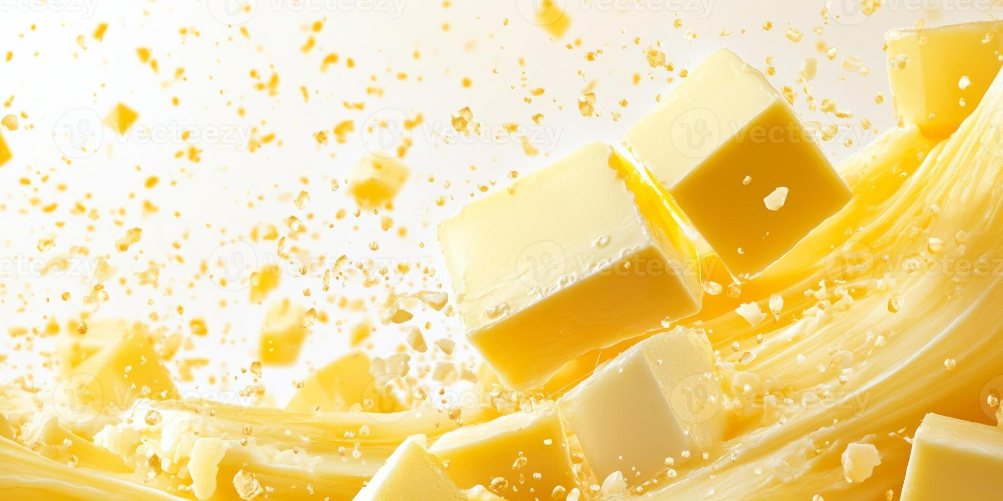 Butter cubes and splashes create a dynamic composition in a bright kitchen setting photo