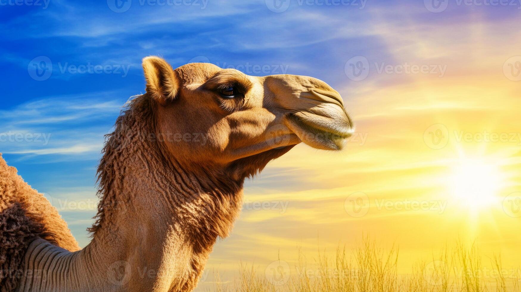 Camel basking in the warm glow of sunrise in a desert landscape with vibrant skies photo