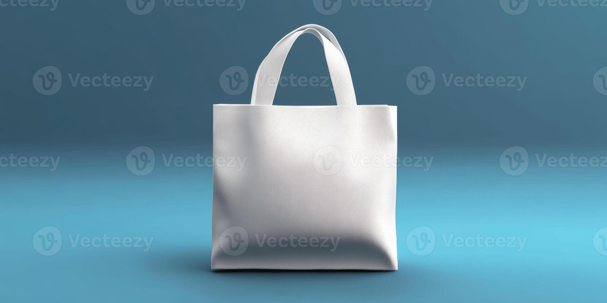 Elegant white tote bag displayed on a soft blue background for stylish accessory promotion photo