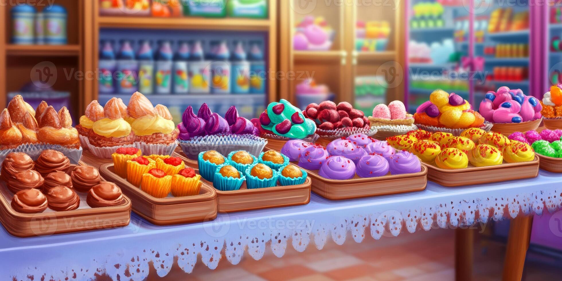 Colorful display of assorted pastries and desserts in a vibrant bakery showcasing a variety of treats and confections photo