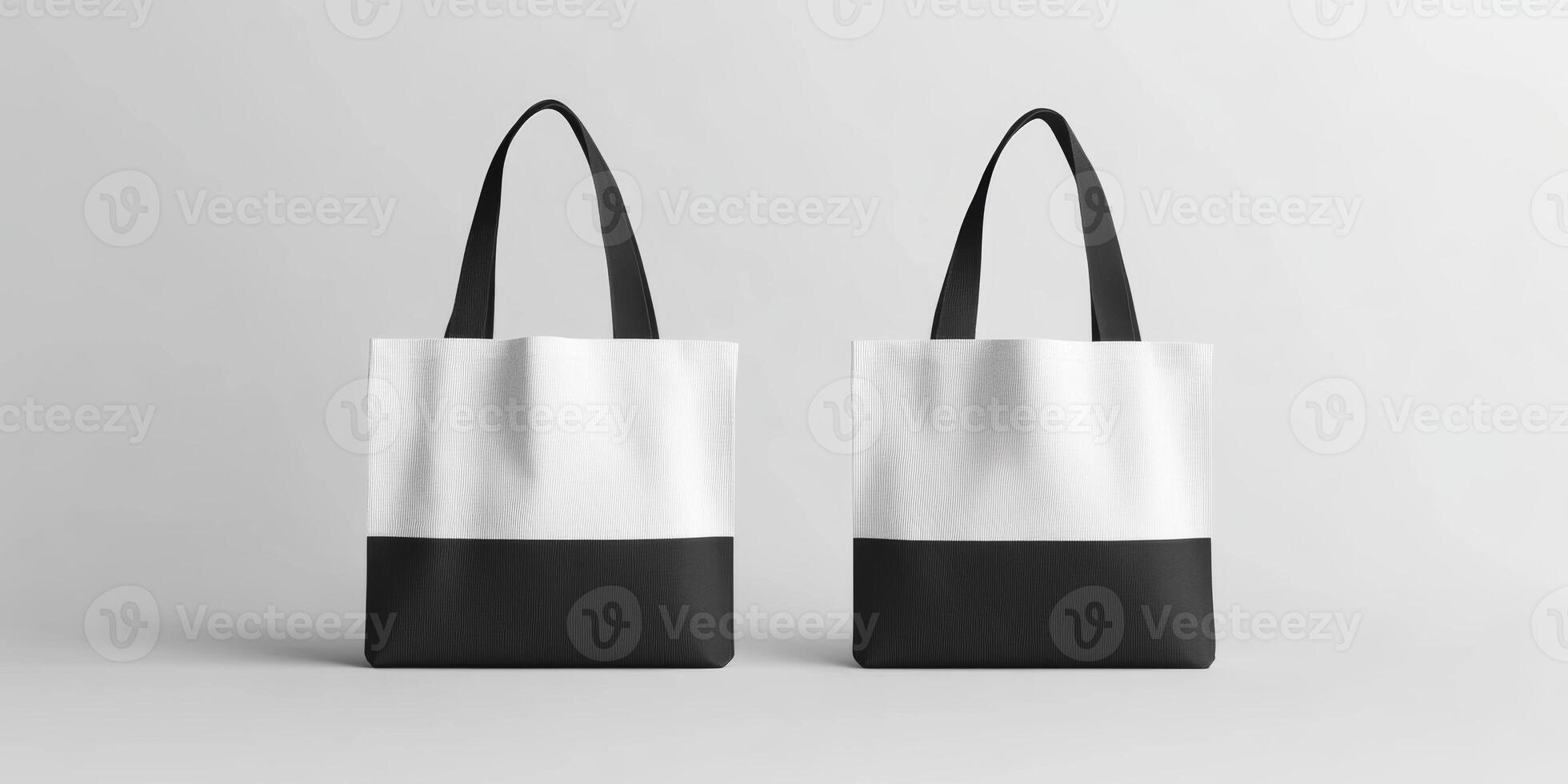Stylish black and white tote bags displayed on a clean, minimalistic background showcasing modern design elements photo