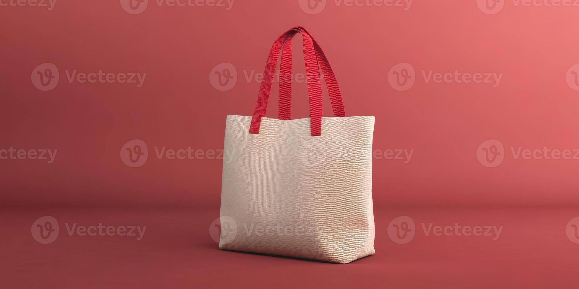 Stylish tote bag with red straps against a minimalist background in soft pastel tones photo