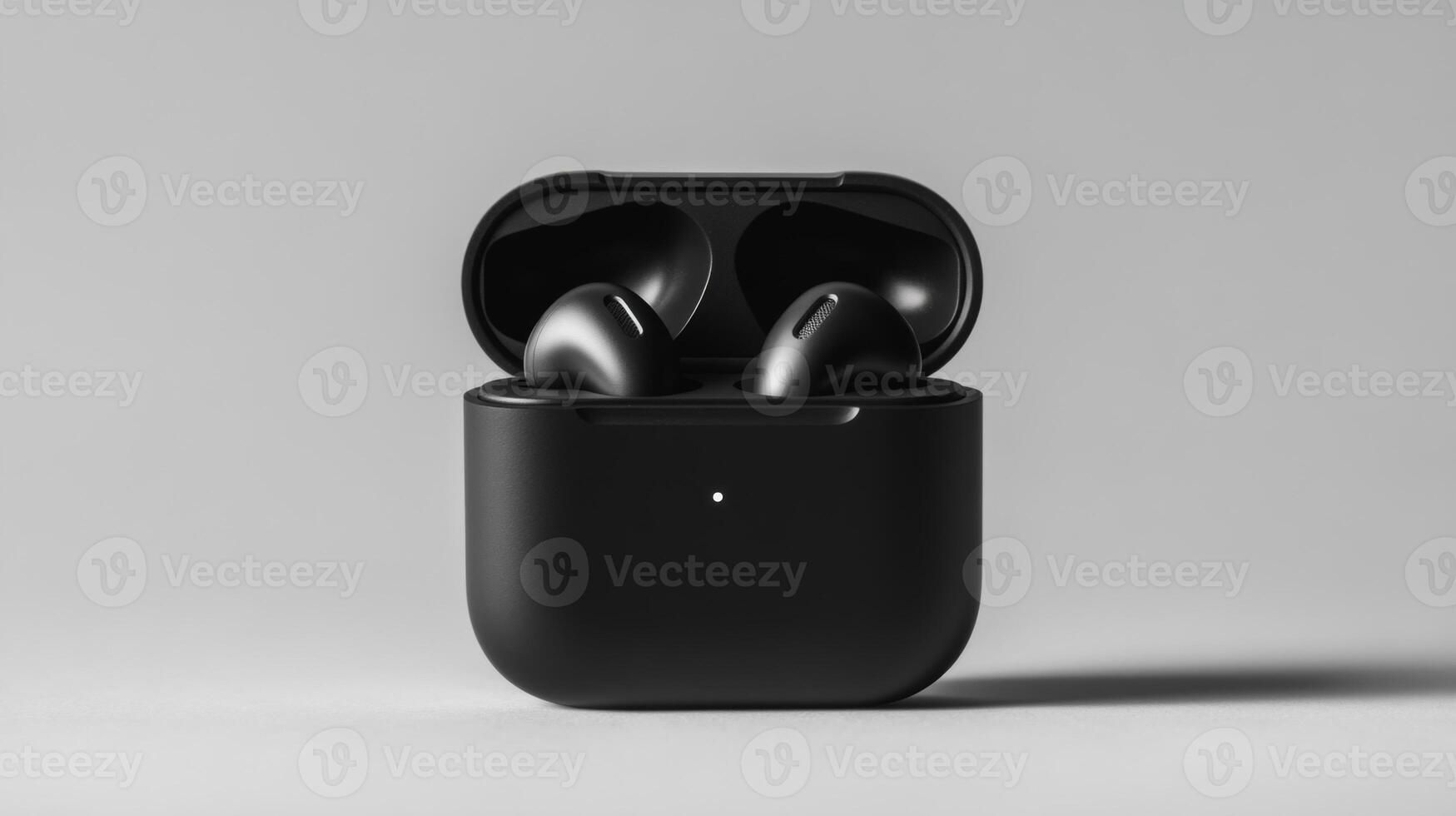 Wireless earbuds in a sleek case on a minimalistic background highlighting modern audio technology photo