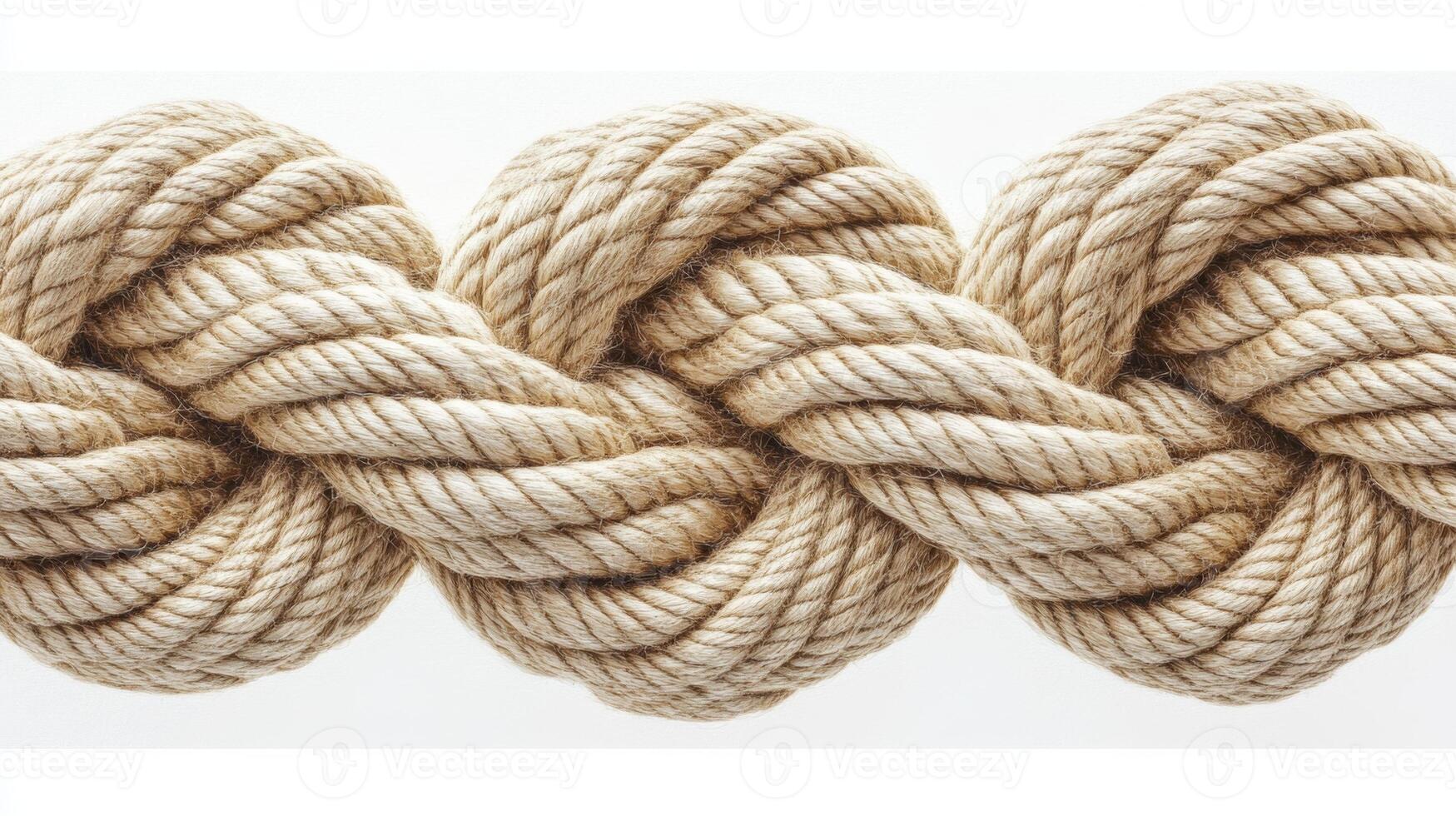 Knotted natural fiber rope displayed on a white background showcasing intricate twists and texture photo
