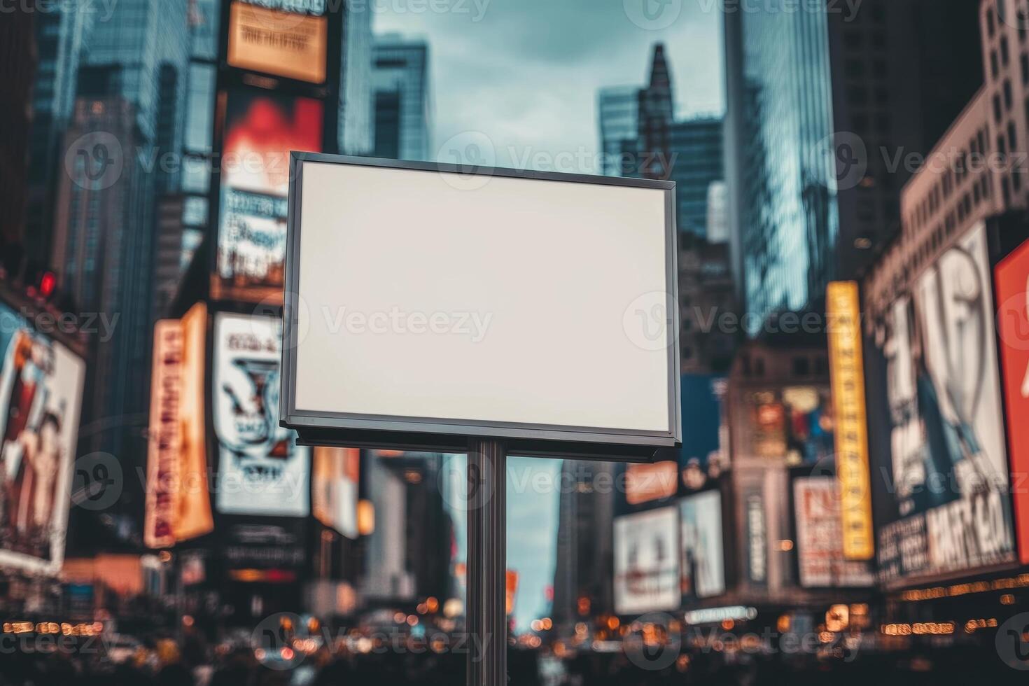Brightly lit urban landscape in Times Square with an empty advertising billboard at dusk photo