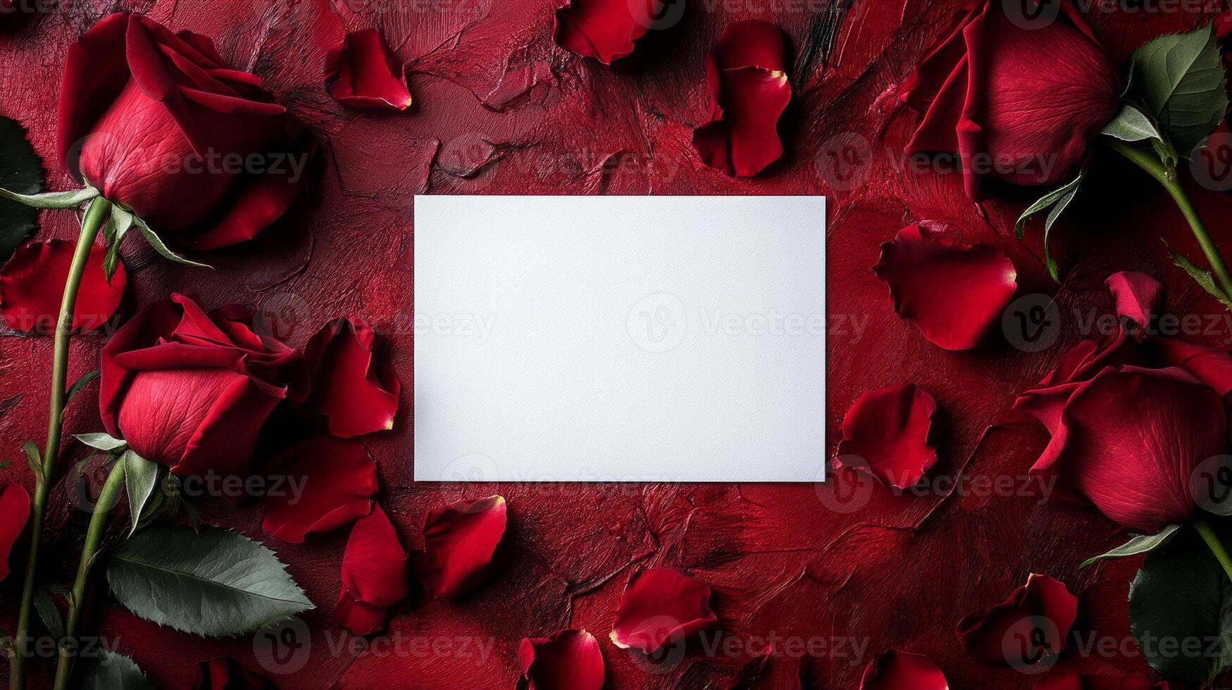 Elegant display of red roses surrounding a blank card on a textured background ideal for romantic occasions photo