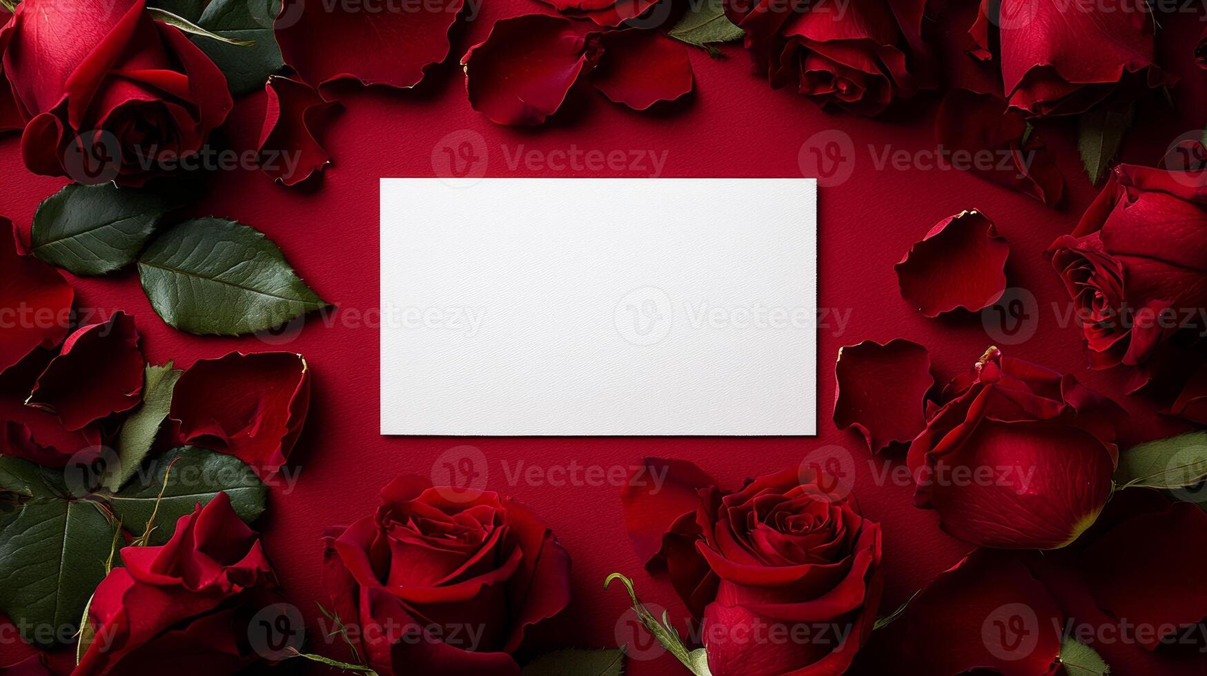 Elegant arrangement of red roses surrounding a blank card on a vibrant backdrop for special occasions photo