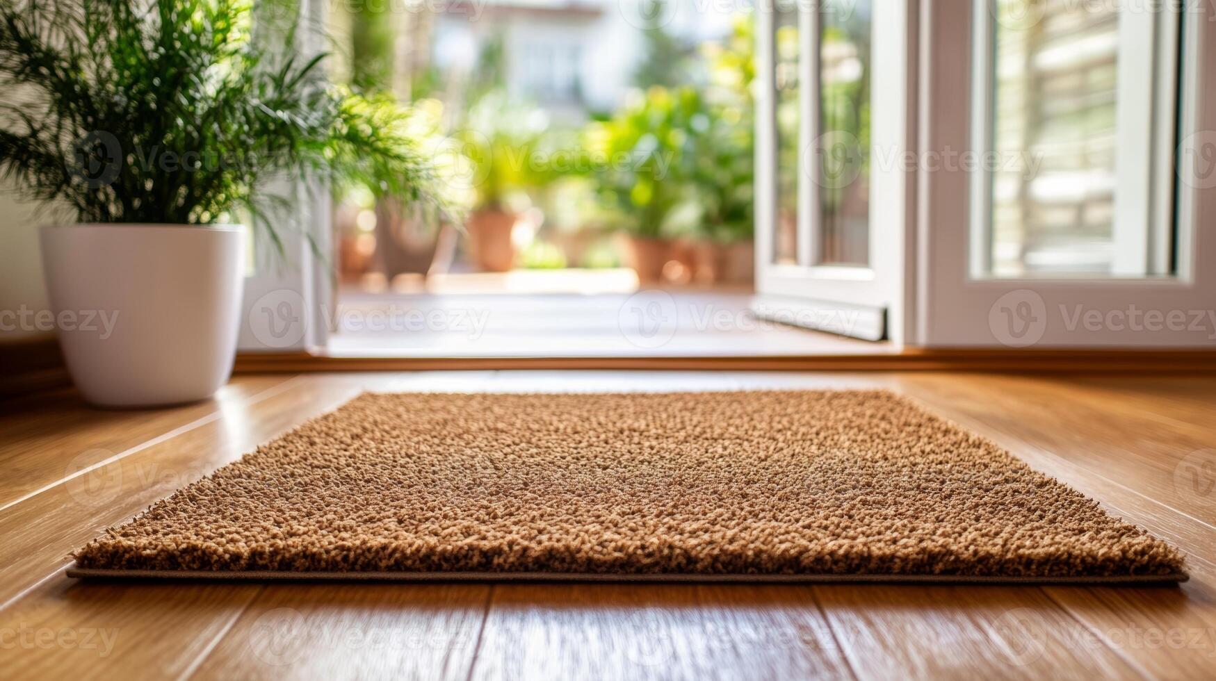 Welcome mat placed at the entrance of a bright indoor space with greenery outside during daylight photo
