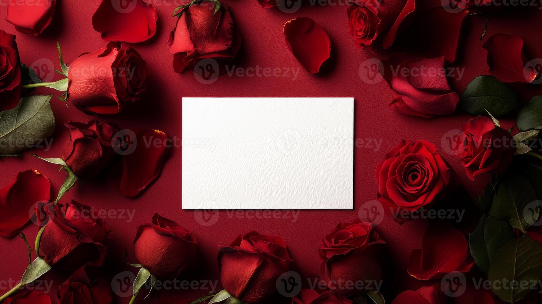 Romantic setting with red roses and a blank card for heartfelt messages in elegant arrangement photo