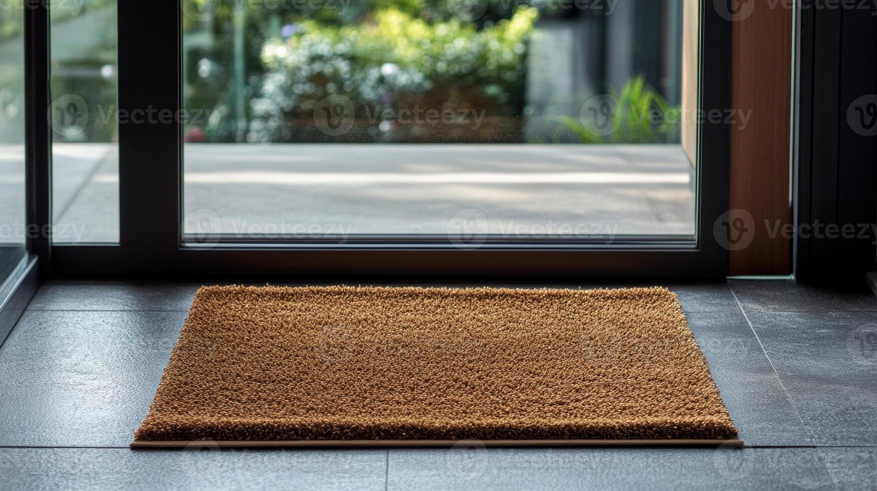 Welcome mat placed in front of a glass door leading to a beautifully maintained garden in bright daylight photo