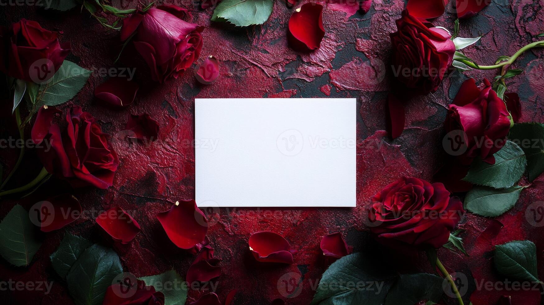 Elegant roses and a blank card on a dark red background create a romantic atmosphere for heartfelt messages photo