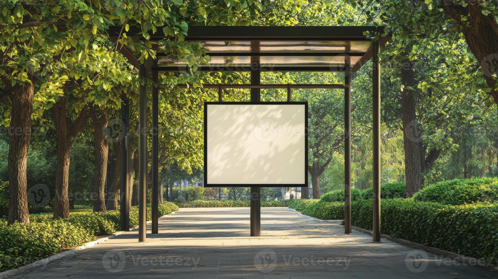 Empty advertising display in a serene park setting surrounded by greenery during daytime photo