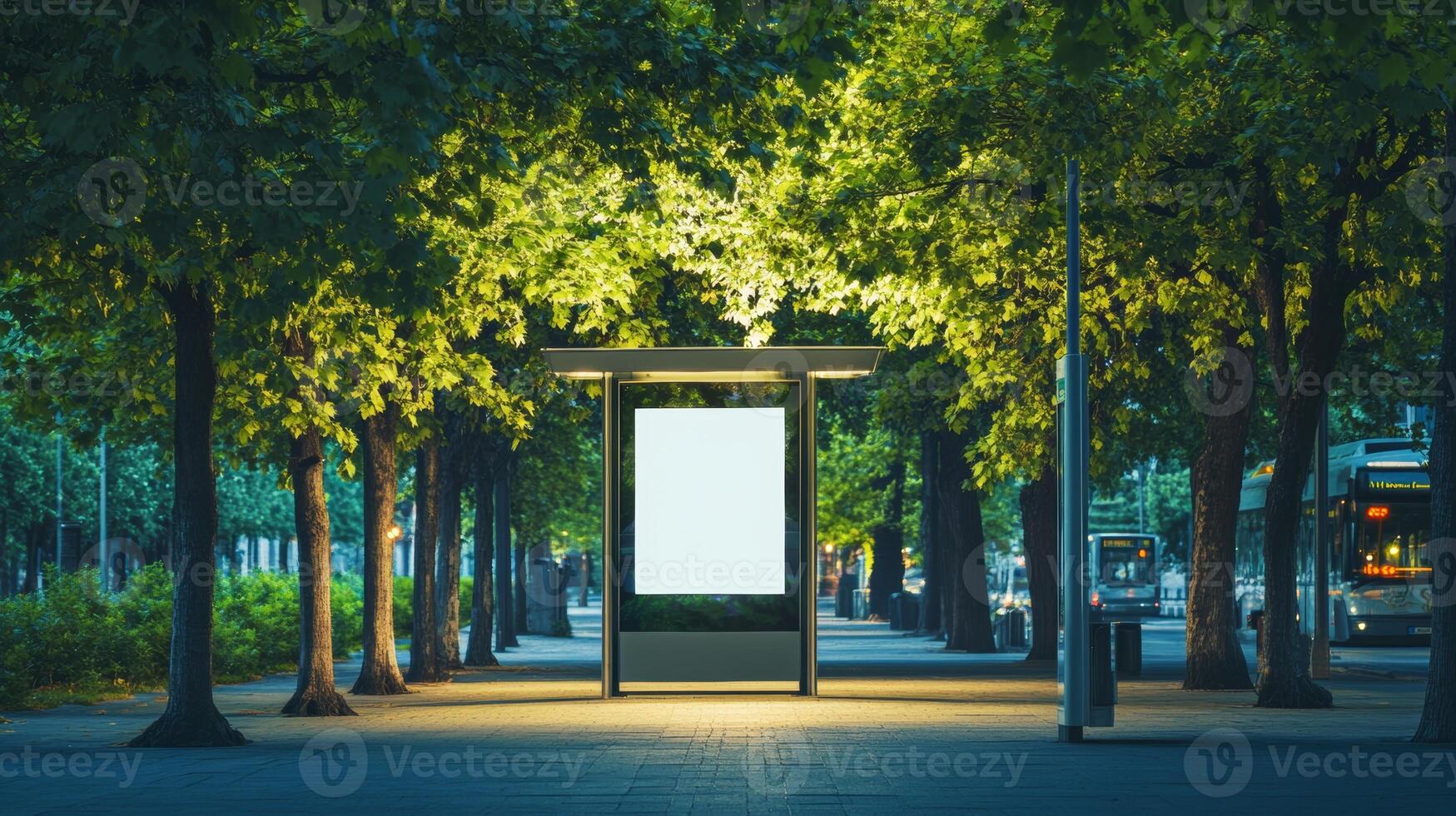 Bus shelter illuminated by soft evening light in a tree-lined urban area creates a calm atmosphere for waiting passengers photo