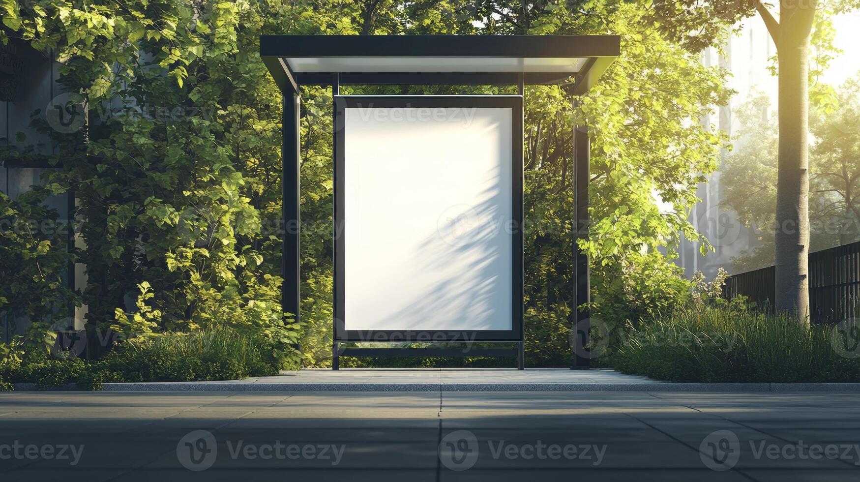 Serenity in urban nature with a blank advertising space surrounded by lush greenery at dawn photo