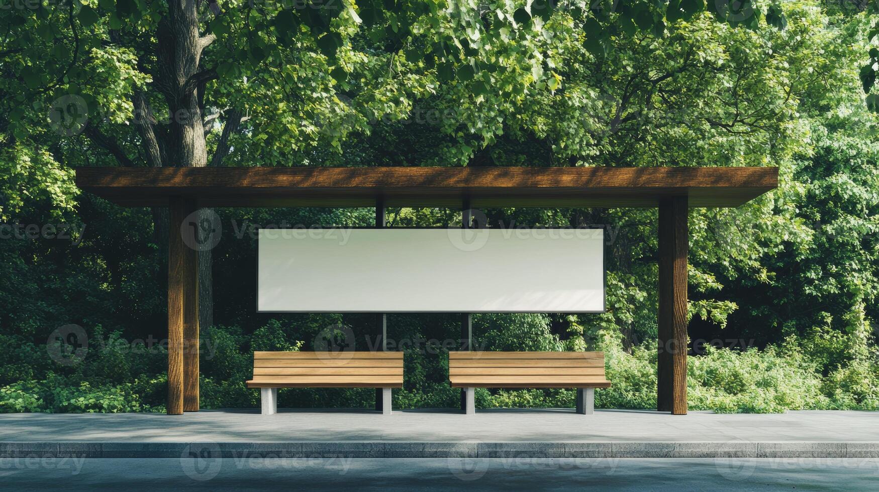 Quiet bus stop shelter surrounded by lush greenery on a sunny day in a tranquil park photo