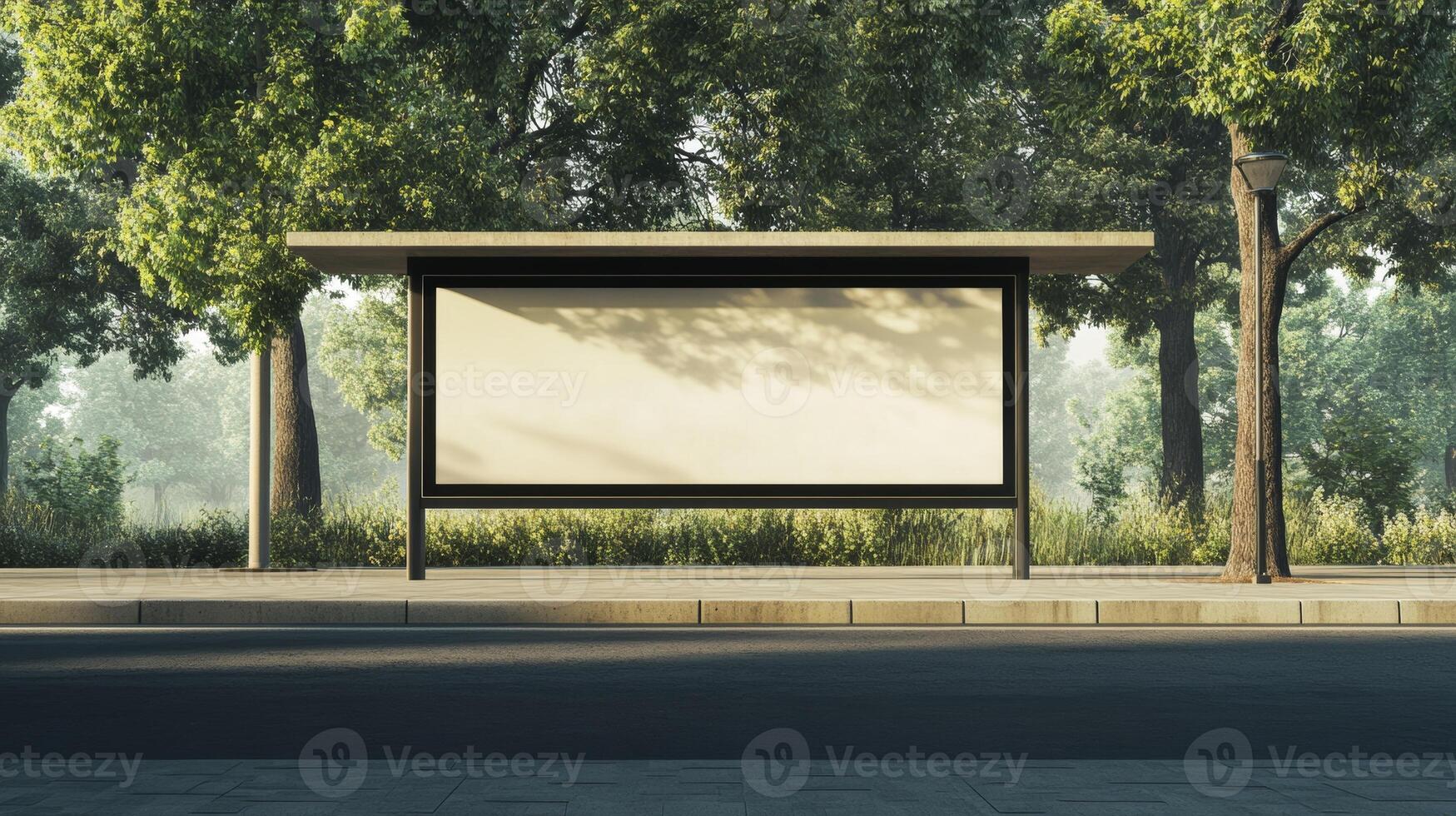 Bus stop shelter with empty advertisement board surrounded by trees during daylight photo