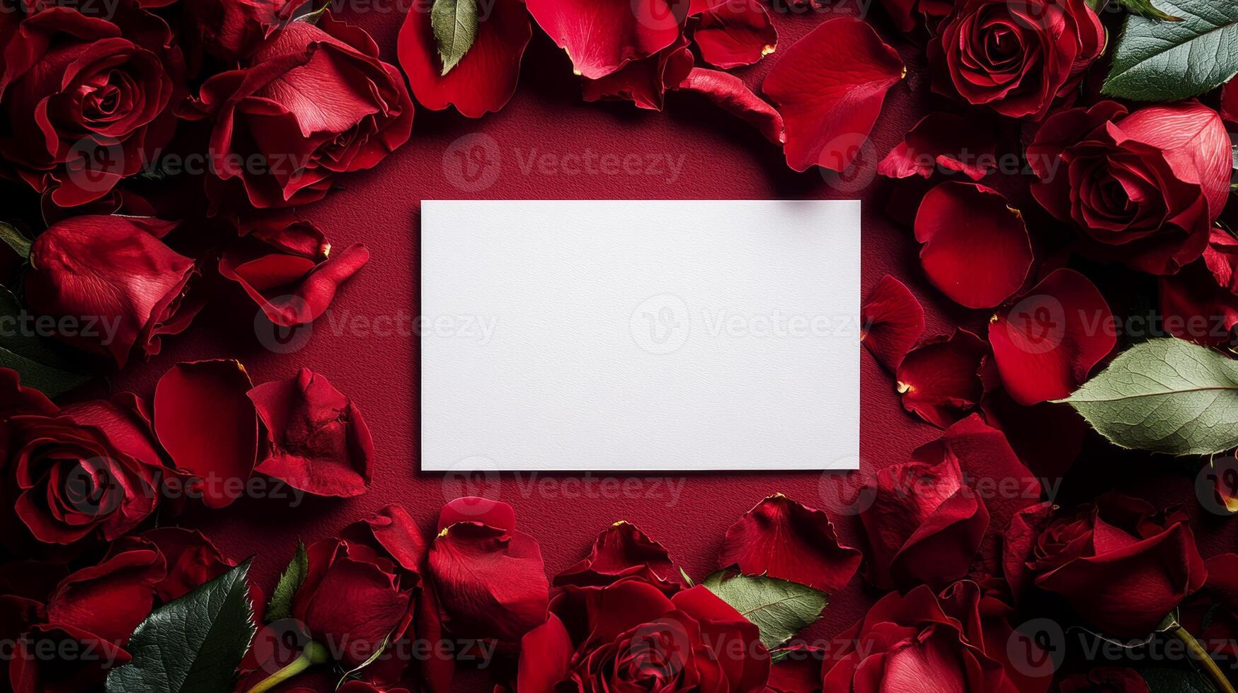 Roses surround blank card in romantic setting for special messages or invitations photo