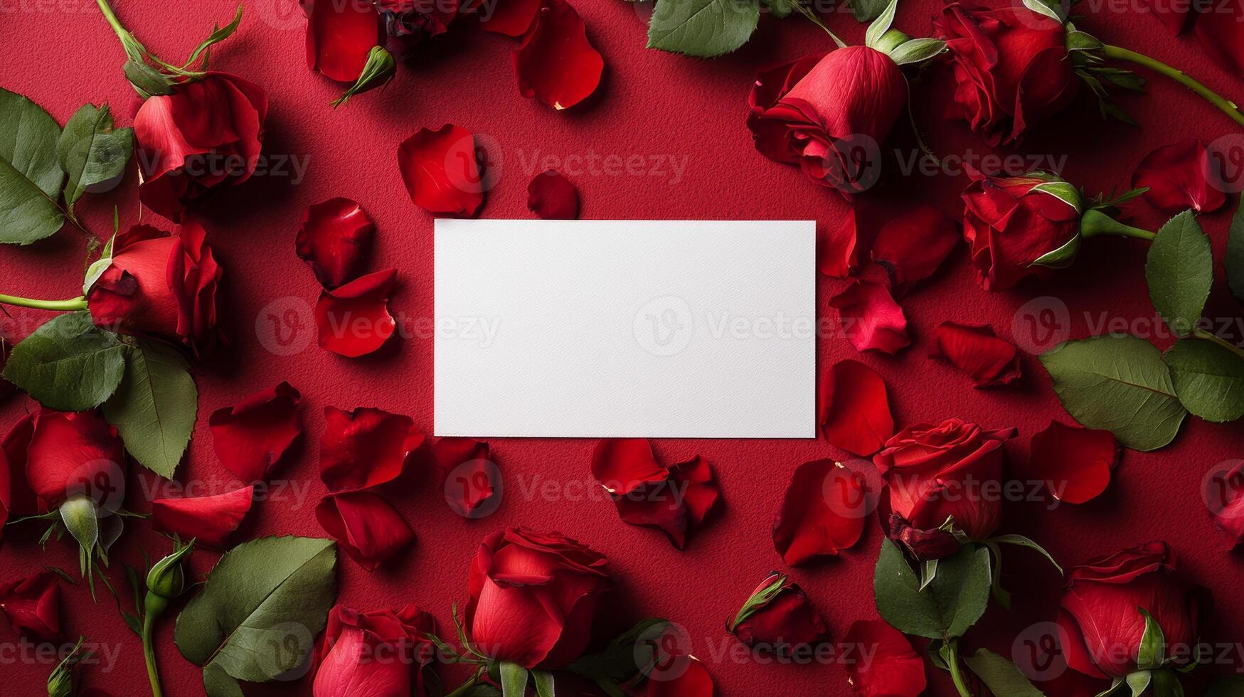 Red roses scattered on a vibrant surface with a blank card for messages or notes photo