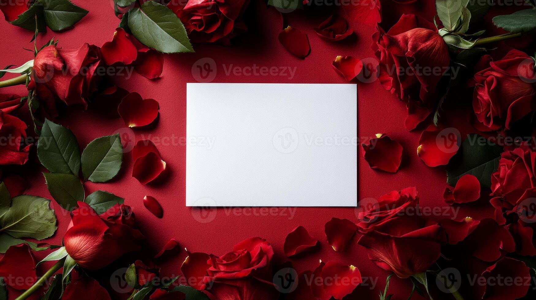 Romantic display of red roses and blank card on red background for love letter or special occasion photo