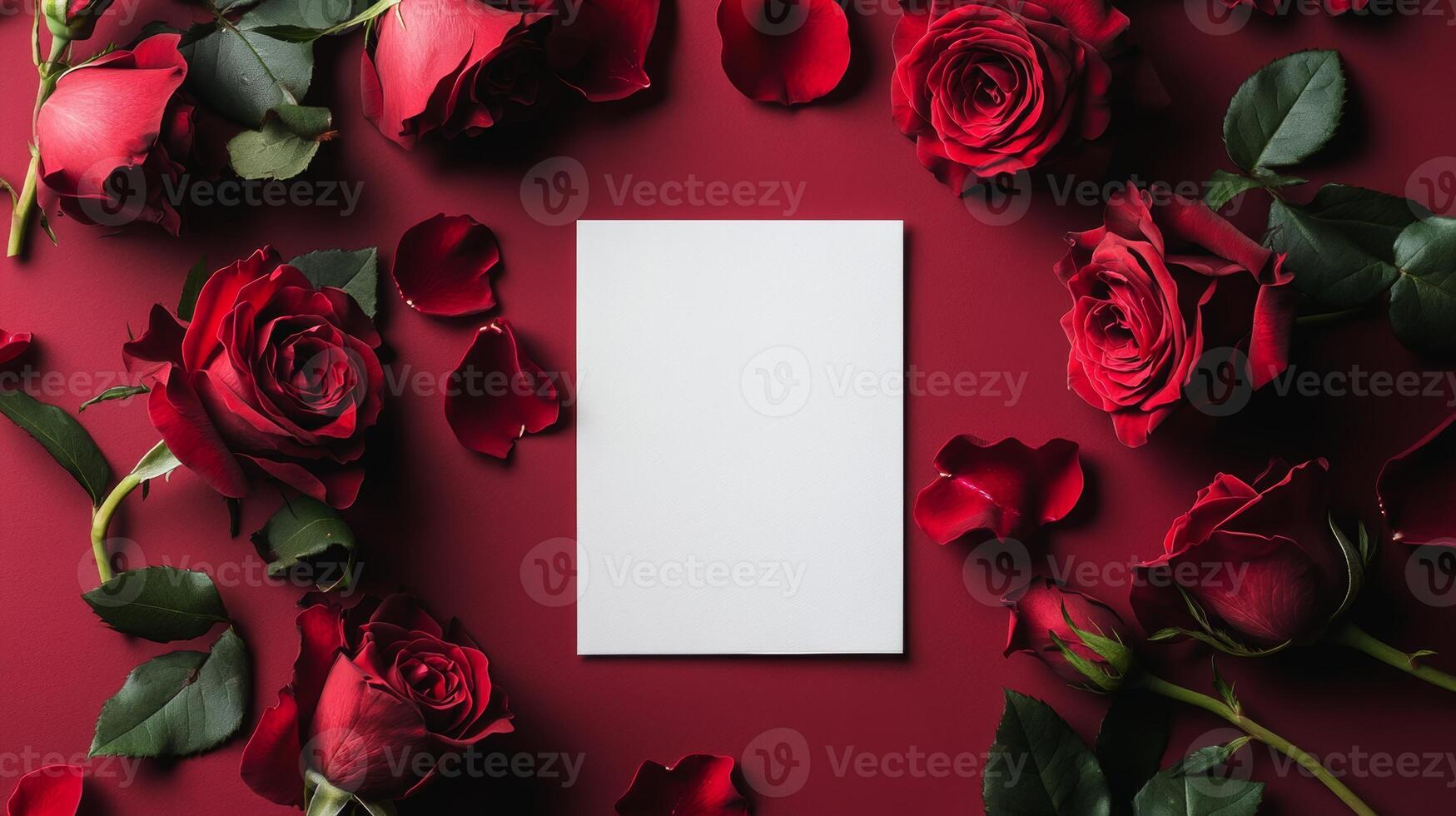 Romantic arrangement of red roses and blank card on deep red background for expressing love or friendship photo