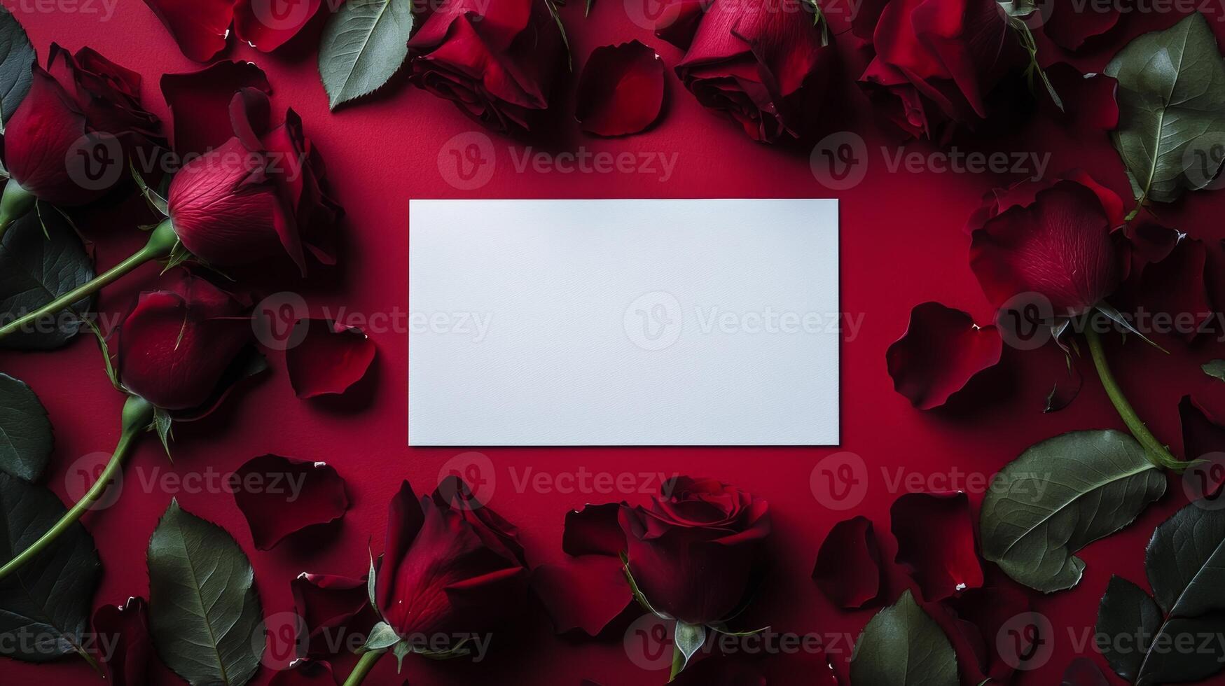 Arrangement of red roses with empty card on a red background for celebration or romantic occasion photo