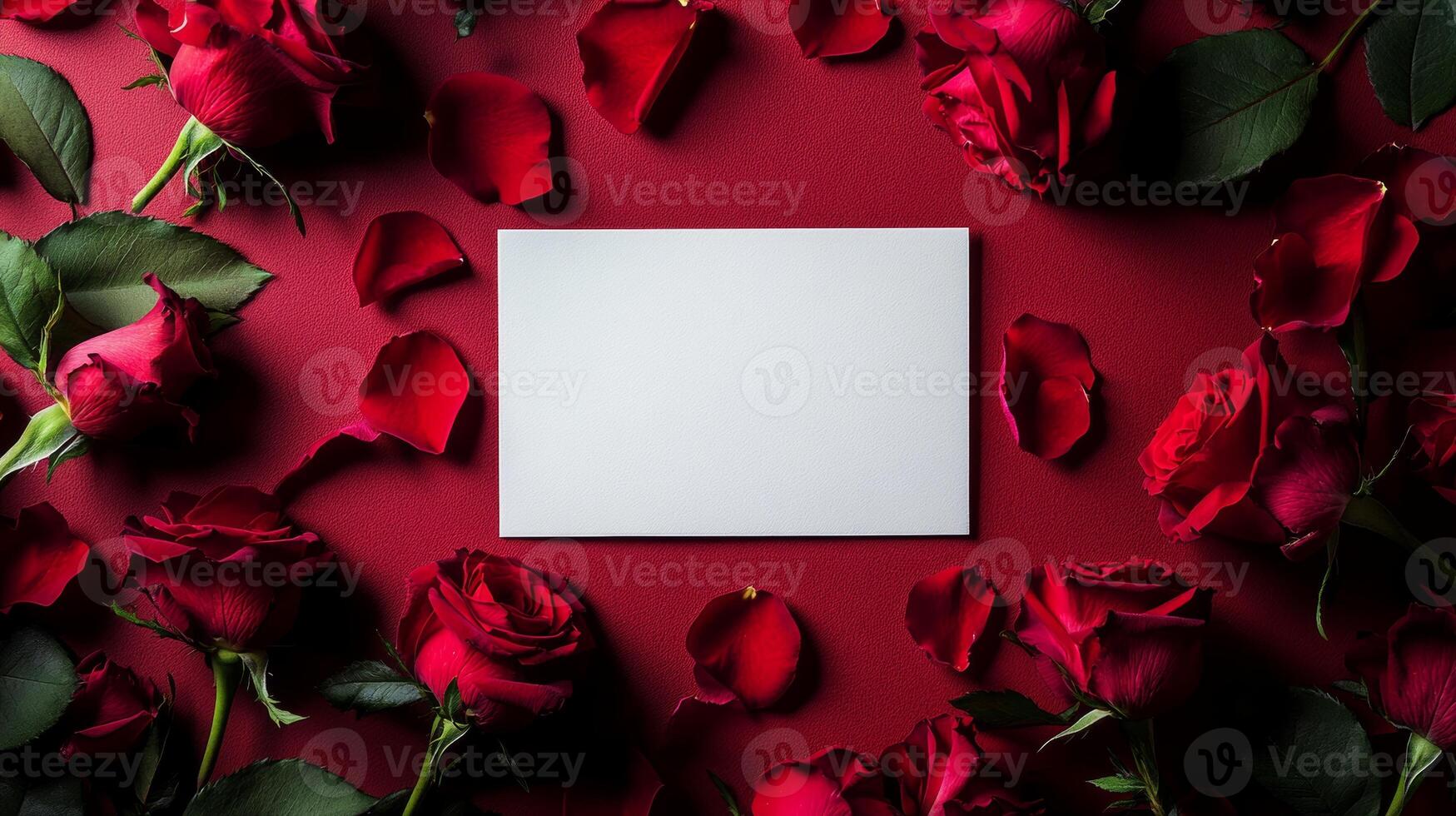 Roses surround a blank card on a rich red background, perfect for romantic messages or special occasions photo
