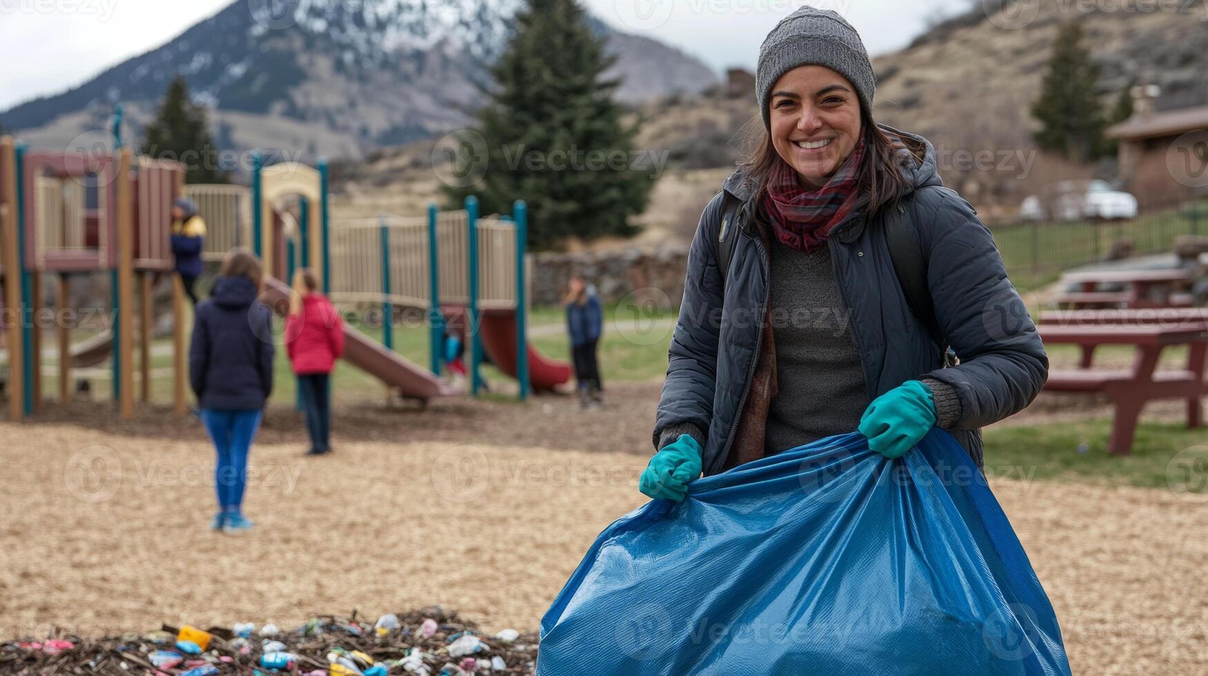 Park worker smiles while collecting trash with children playing nearby and mountains in the distance photo