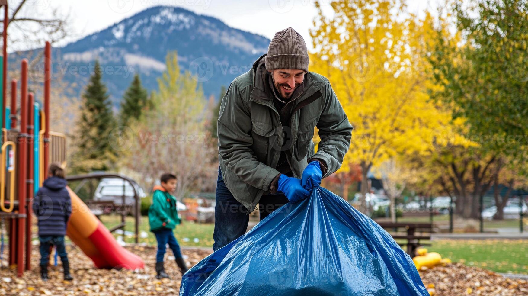Park worker collects trash while children play on the playground with mountains in the background during a sunny day photo
