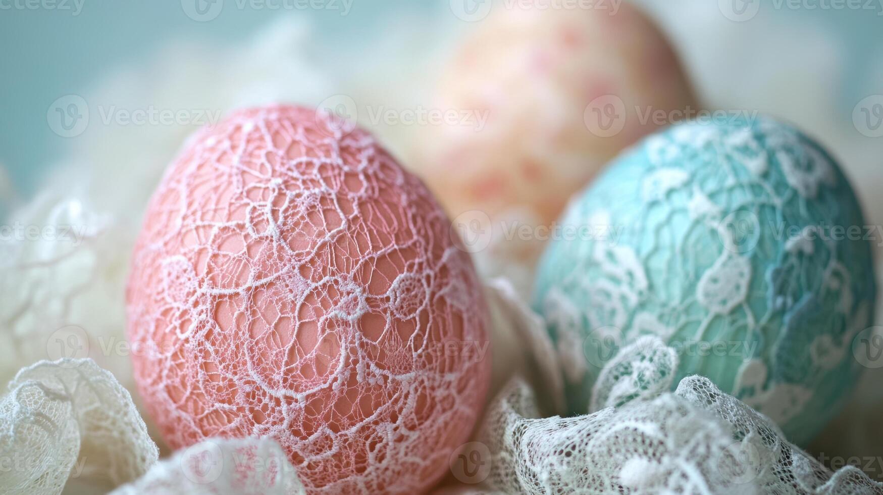 Delicate pastel Easter eggs adorned with lace and fabric textures for festive decor in soft hues photo