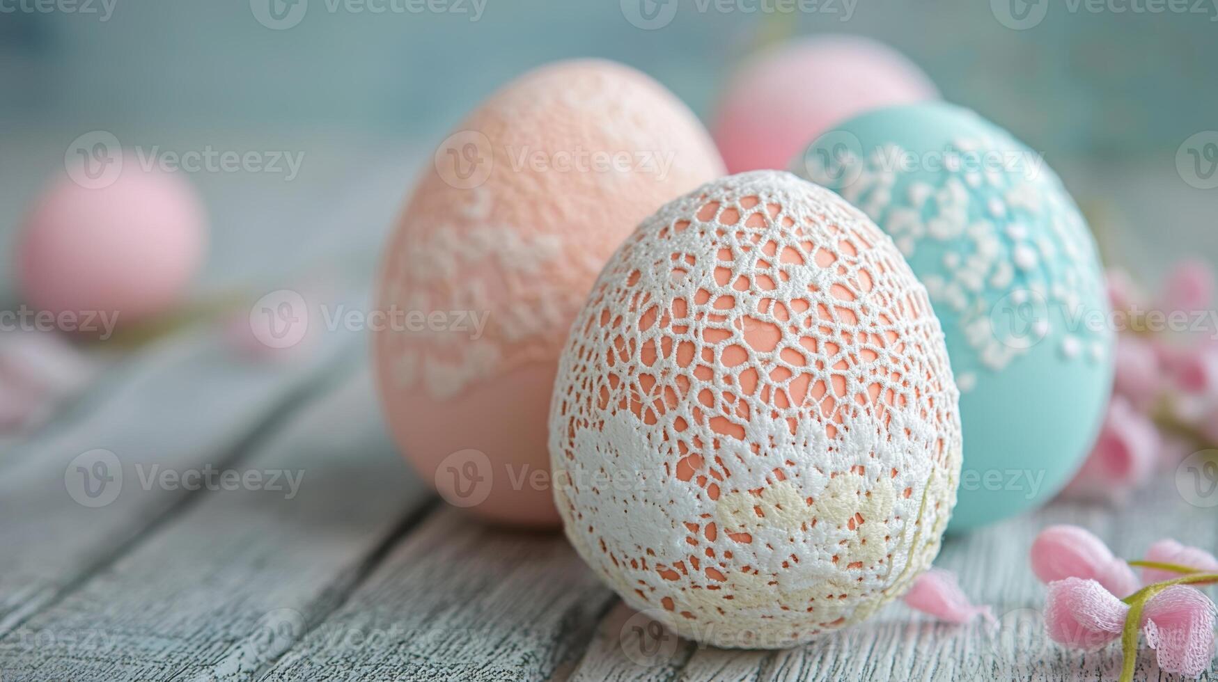 Elegant pastel Easter eggs adorned with lace and fabric accents for a festive spring decoration photo