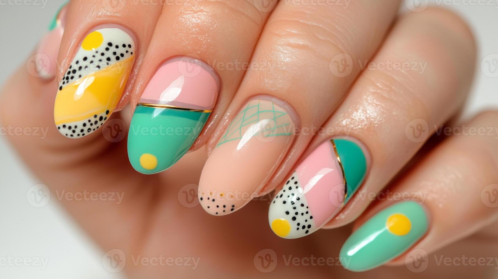 Trendy pastel nail art design featuring polka dots, stripes, and geometric patterns in soft colors photo