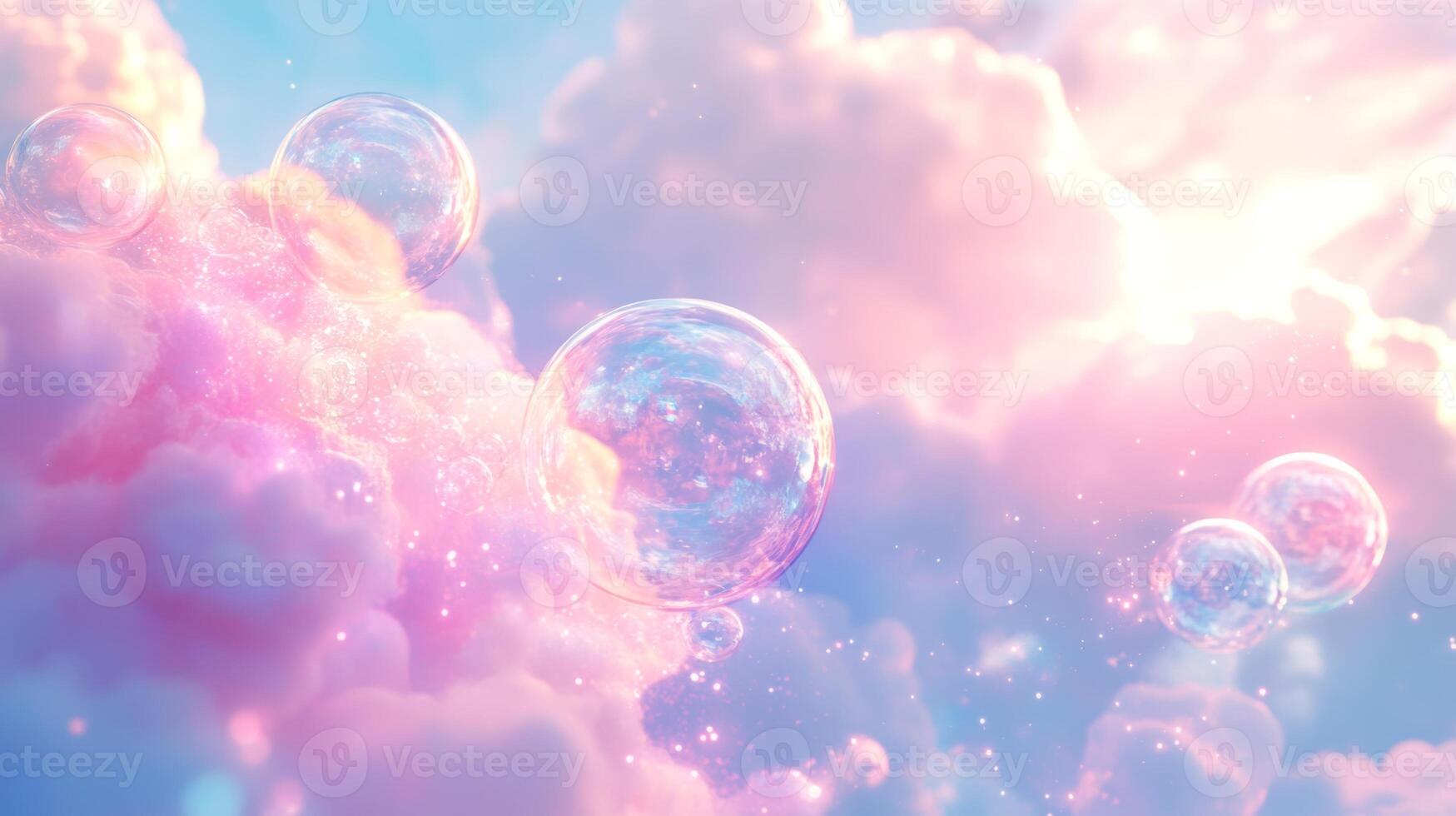 Soft pastel bubbles floating in a dreamy sky at sunset with a blend of pink and blue clouds photo