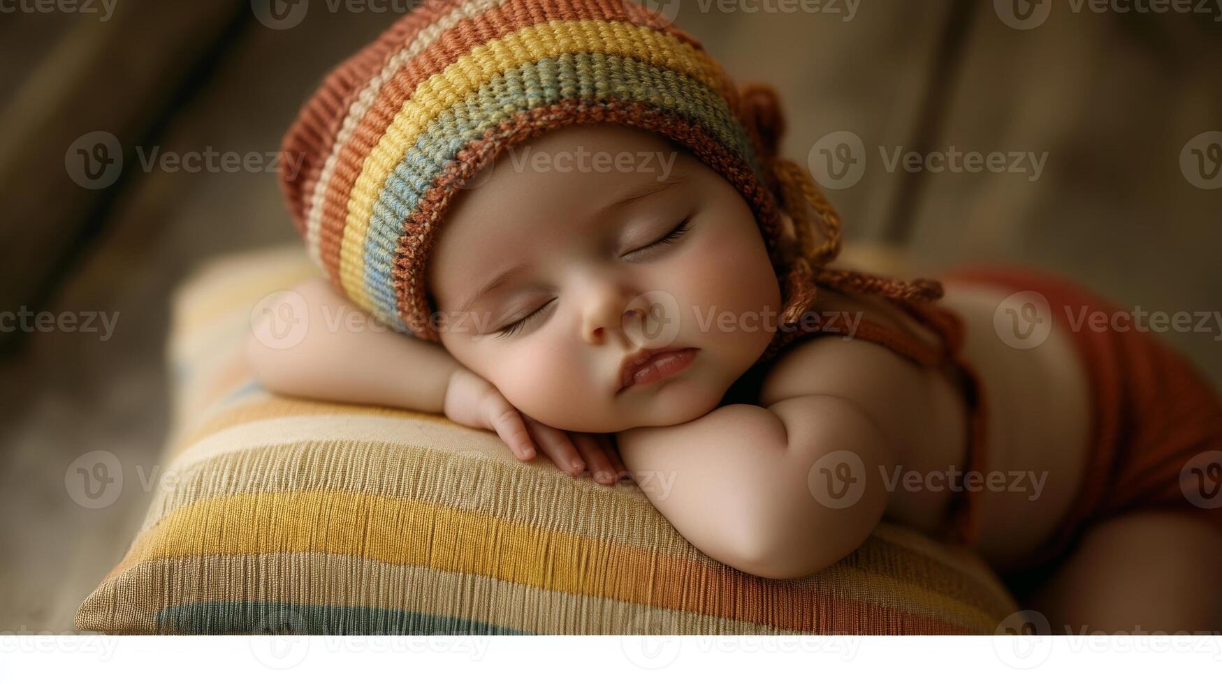 Newborn baby girl sleeps peacefully on a soft pillow wearing a colorful rainbow hat in a cozy, serene setting photo