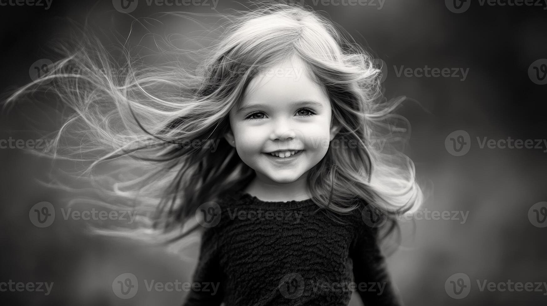 Joyful child plays outdoors with long hair flowing in the wind during a sunny afternoon photo
