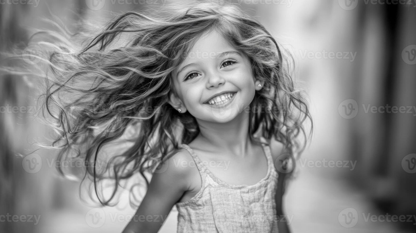 Child joyfully playing in a narrow street with flowing hair on a sunny day photo