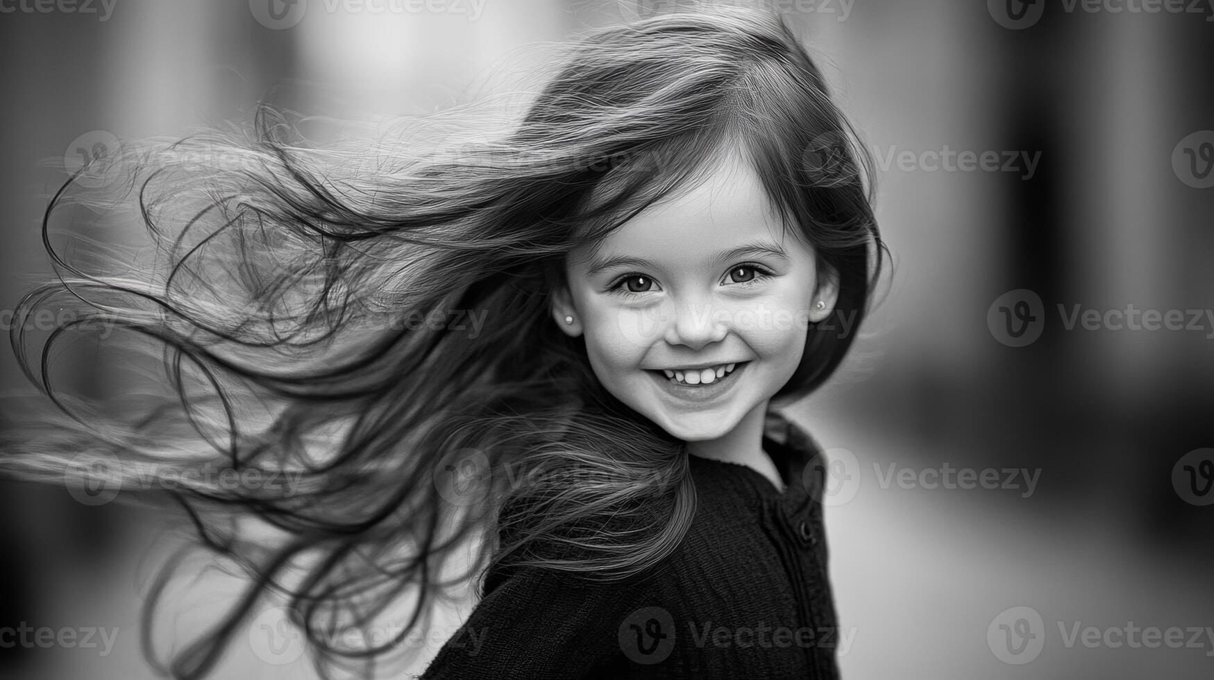 Joyful girl with flowing hair smiling in a city setting during a sunny day photo