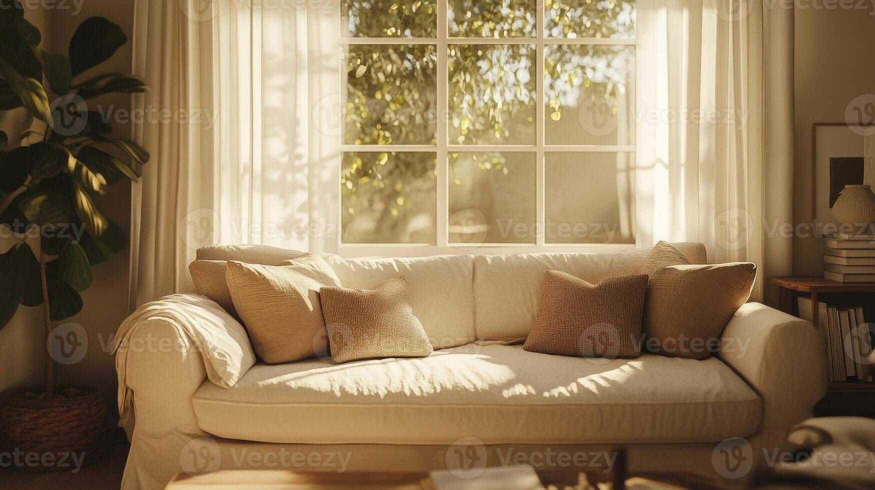 Cozy living room with a sunlit window and soft beige couch surrounded by natural decor photo