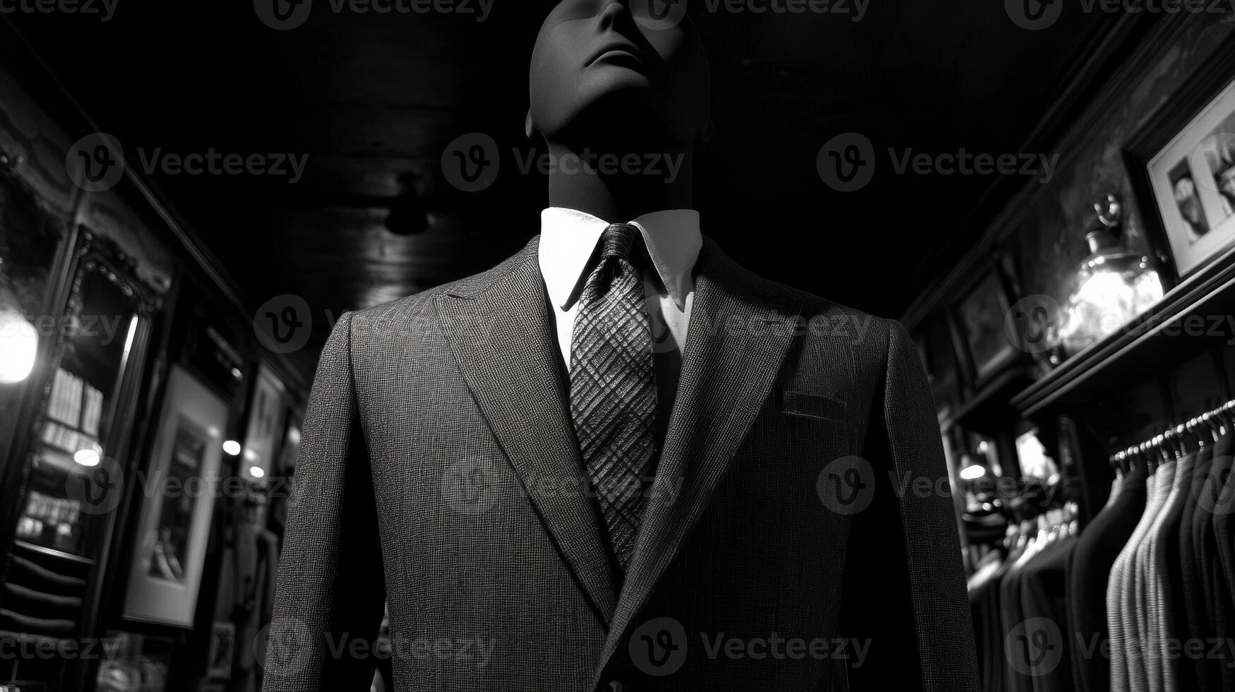 Elegant tailored suit on mannequin displays high fashion in upscale menswear store during evening hours photo