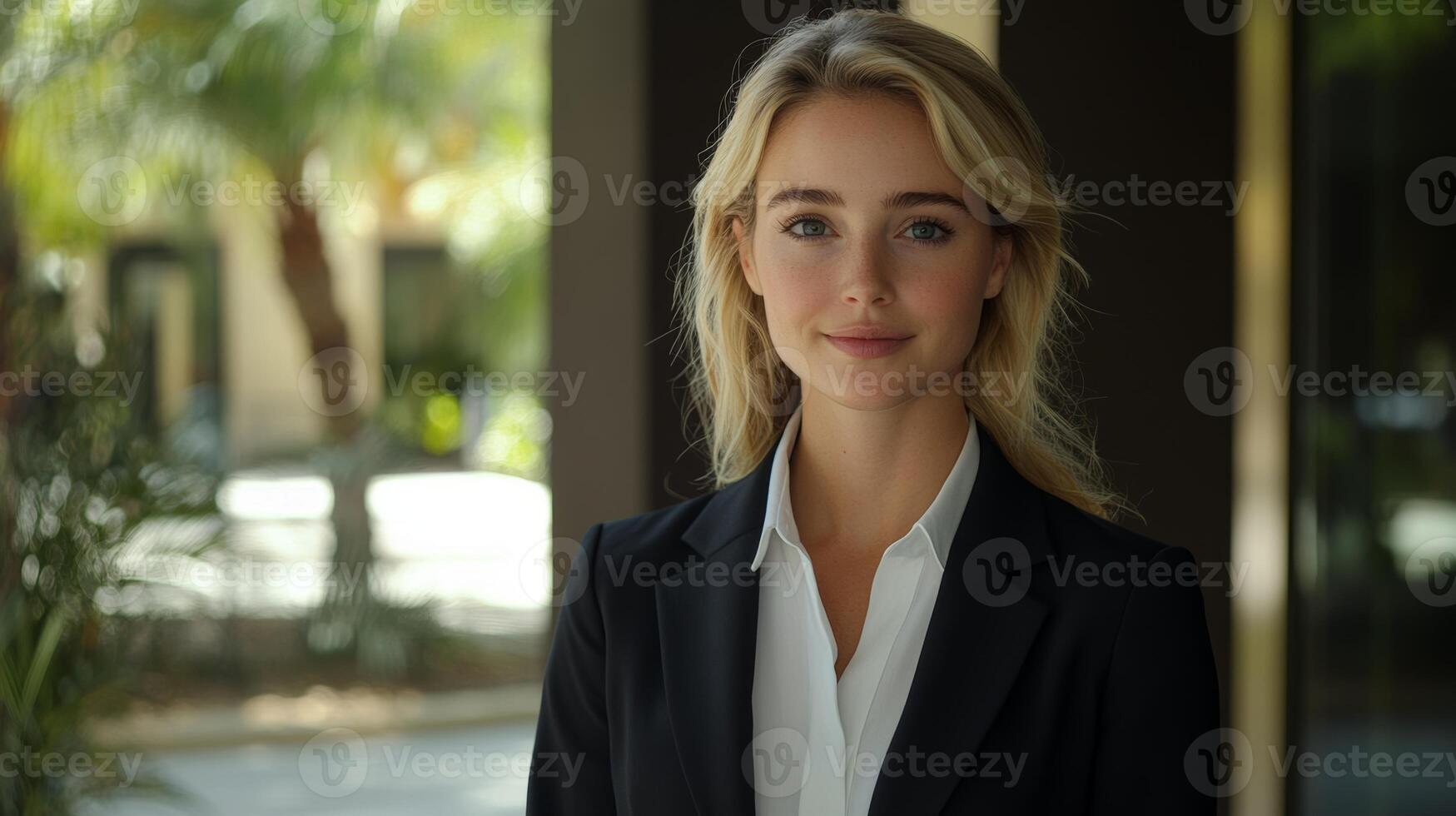 Young professional woman stands confidently outside a modern building on a sunny day photo