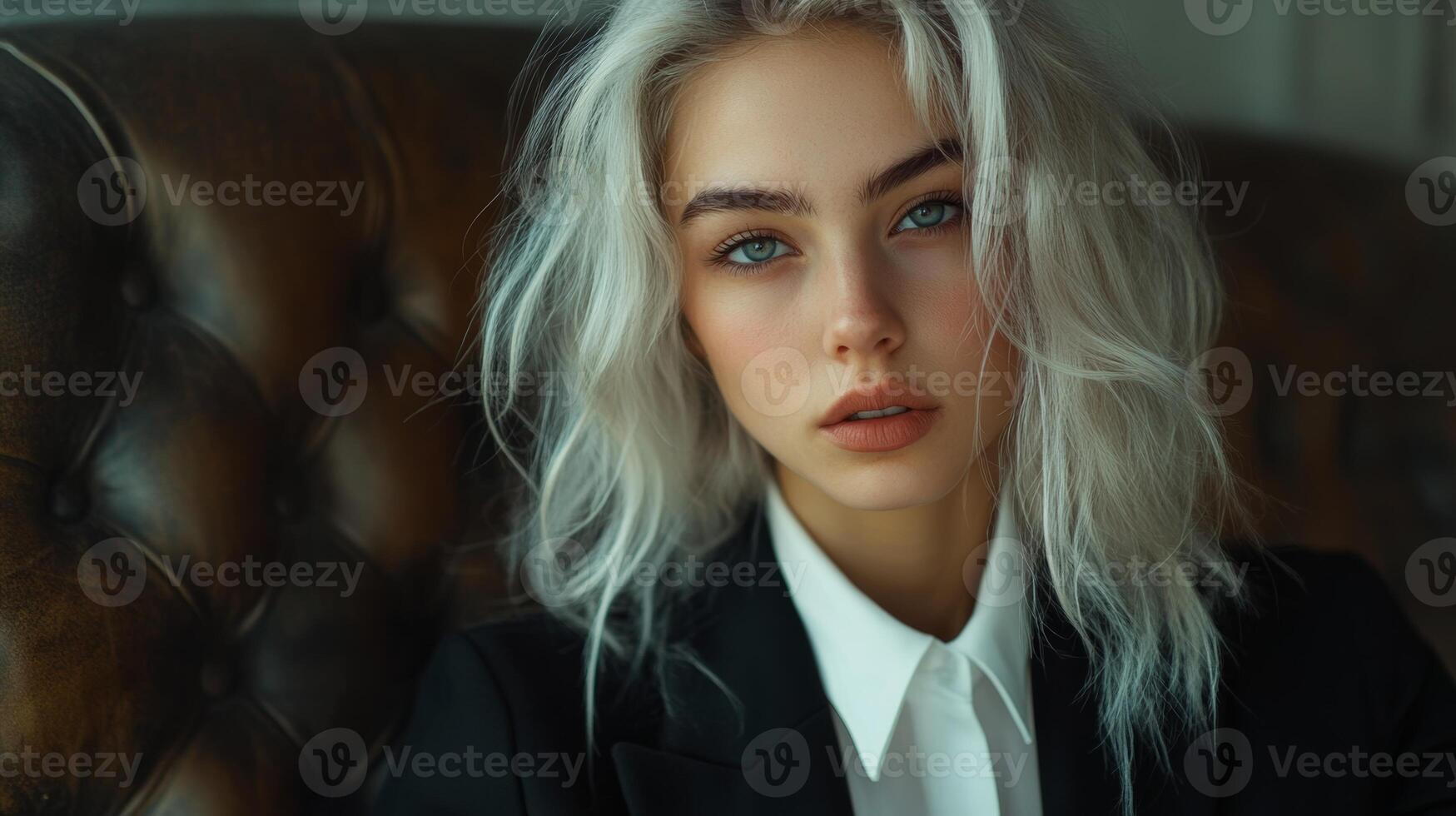 Portrait of a woman with wavy silver hair in a stylish outfit against a vintage background photo