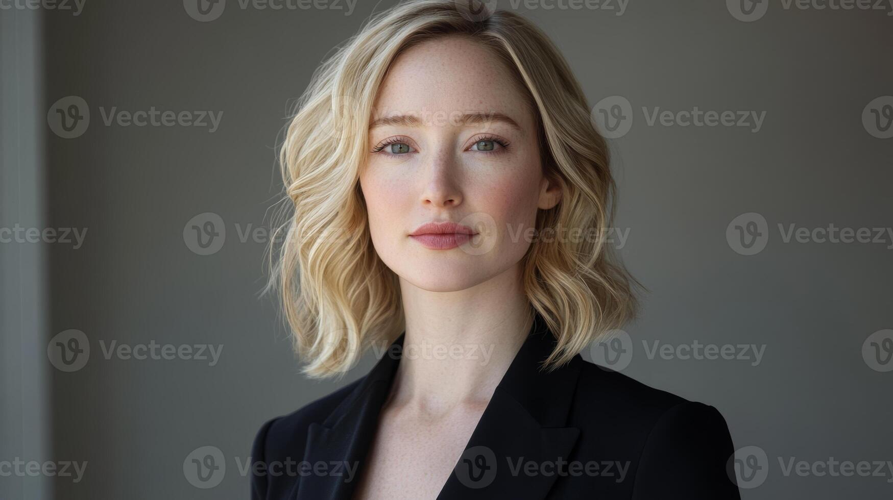Young woman with wavy blonde hair in professional attire poses against a neutral background in an indoor setting during daylight photo