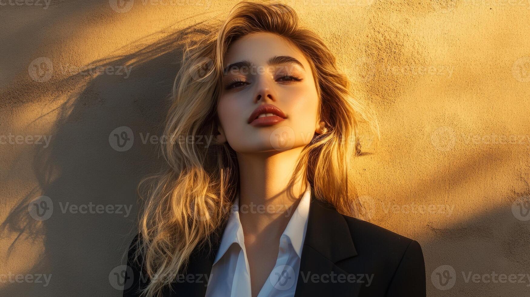 Young woman in stylish black blazer poses against textured wall during golden hour light photo