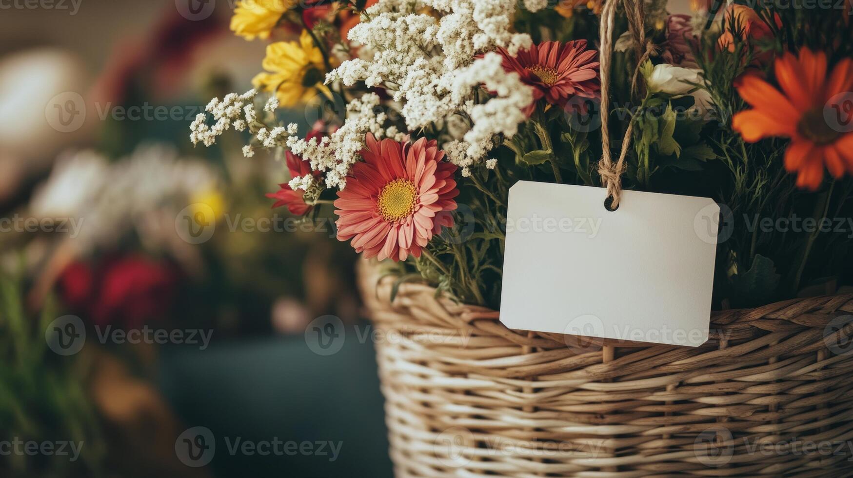 Colorful flowers in a woven basket with a blank tag for personalization on a sunny day photo