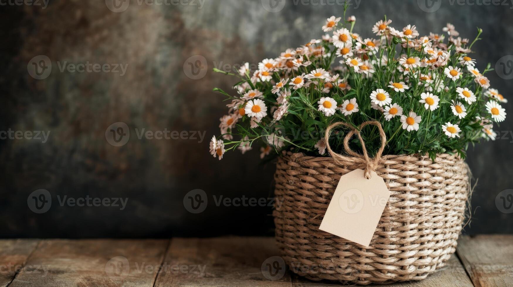 Beautiful daisy bouquet in a woven basket on a rustic wooden table with a textured background photo