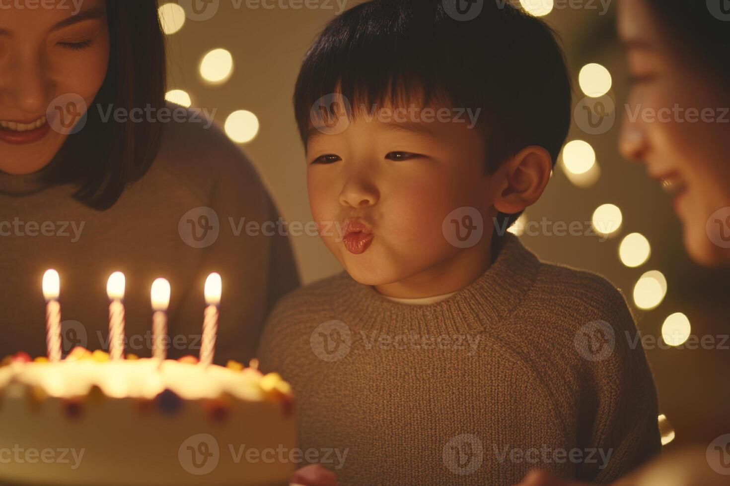 Child prepares to blow out birthday candles surrounded by family at a cozy celebration photo