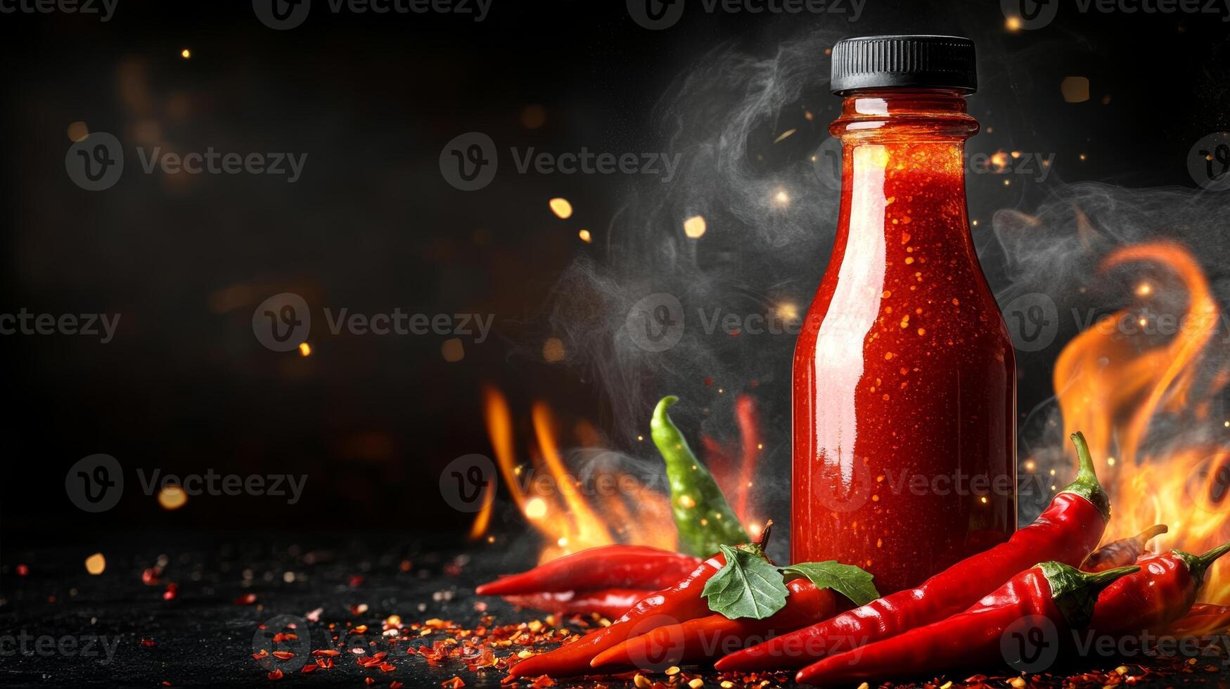 Spicy chili sauce bottle surrounded by vibrant peppers and smoke on a dark background photo